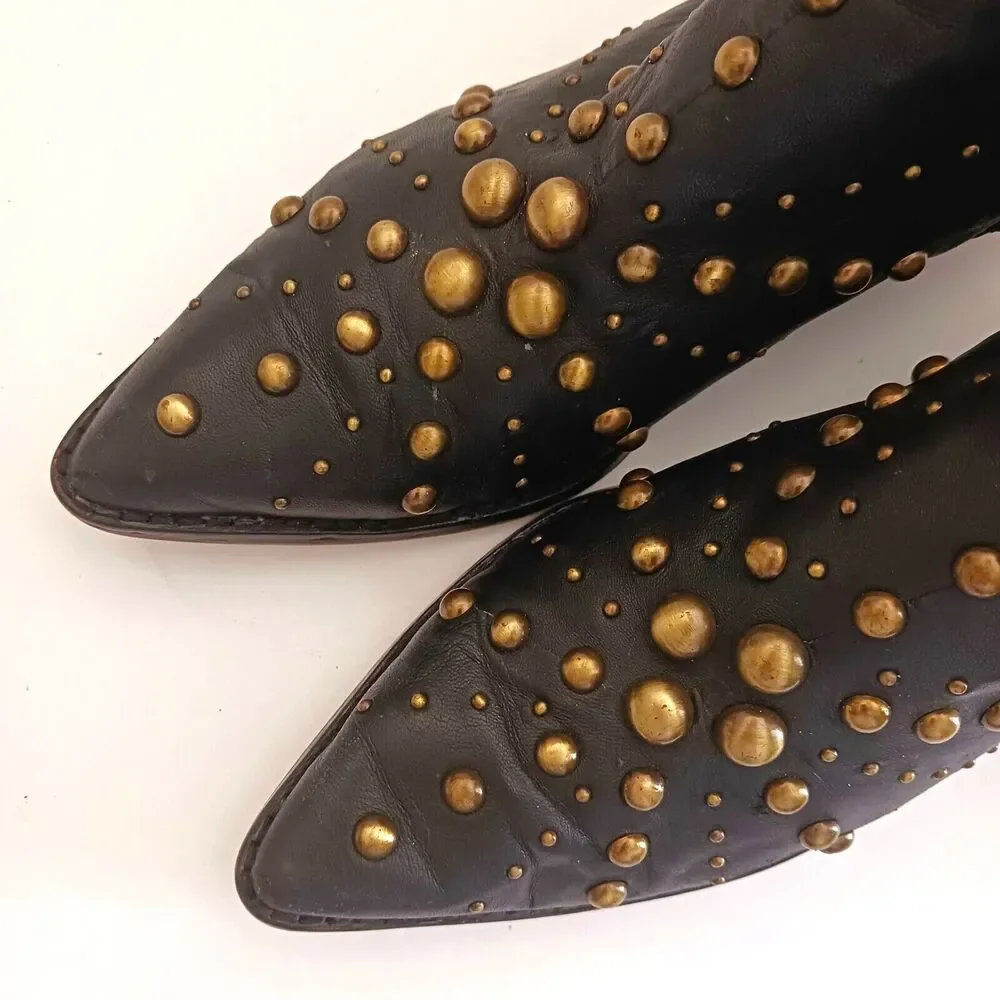 1. State Sobel Blk Leather Bootie Starburst Brass Studs Point Toe Sz 6.5